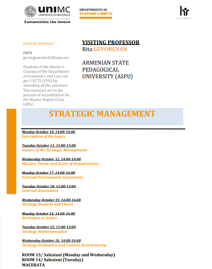 Seminars at the Department of Economics and Law (Strategic Management, 3 CFU/ECTS)