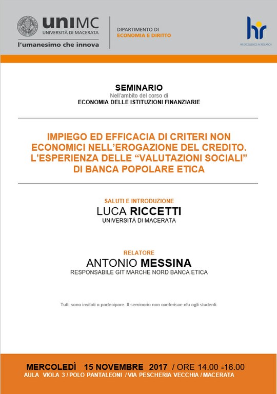 MERCOLEDÌ   15 NOVEMBRE  2017  / ORE 14.00 -16.00                 AULA  VIOLA 3 / POLO PANTALEONI / VIA PESCHERIA VECCHIA / MACERATA